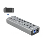 USB хъб Type-C Delock 7 x USB-A, 1 Fast Charging Port, 1 x USB-B, 1 x USB-C PD, Подсветка, Сив
