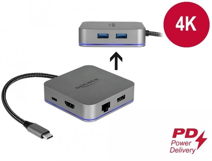 Докинг станция Delock USB-A, USB-C, HDMI, Gigabit LAN, PD, Подсветка, Сив