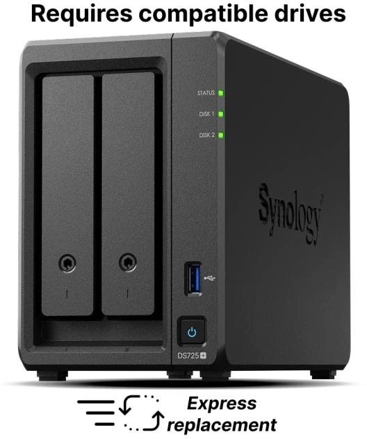 Мрежов сторидж Synology DS725+, за 2 диска, AMD Ryzen R1600 - 2 Cores
