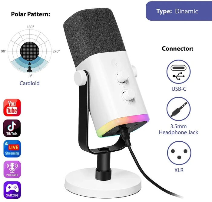 FIFINE AM8 Dynamic RGB XLR/USB - White