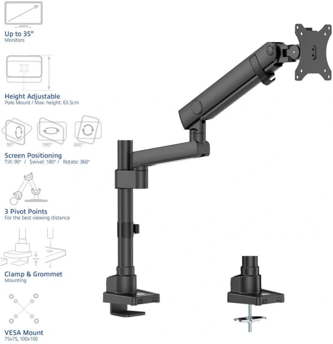 ACT Стойка за монитор до 40" 12кг с едно рамо пружинен механизъм