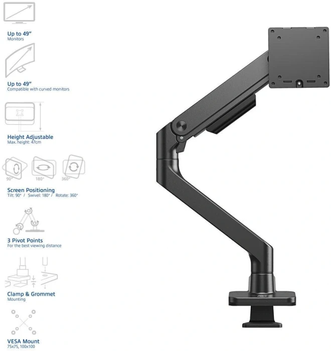 ACT Стойка за монитор до 49" 20кг с едно рамо пружинен механизъм