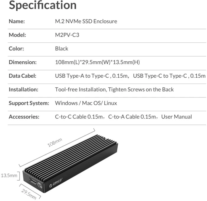Orico M2PV-C3 M.2 NVMe USB-C