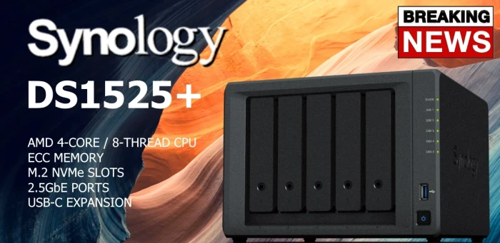 Мрежов сторидж Synology DS1525+, за 5 диска, AMD Ryzen V1500B - 4 Cores