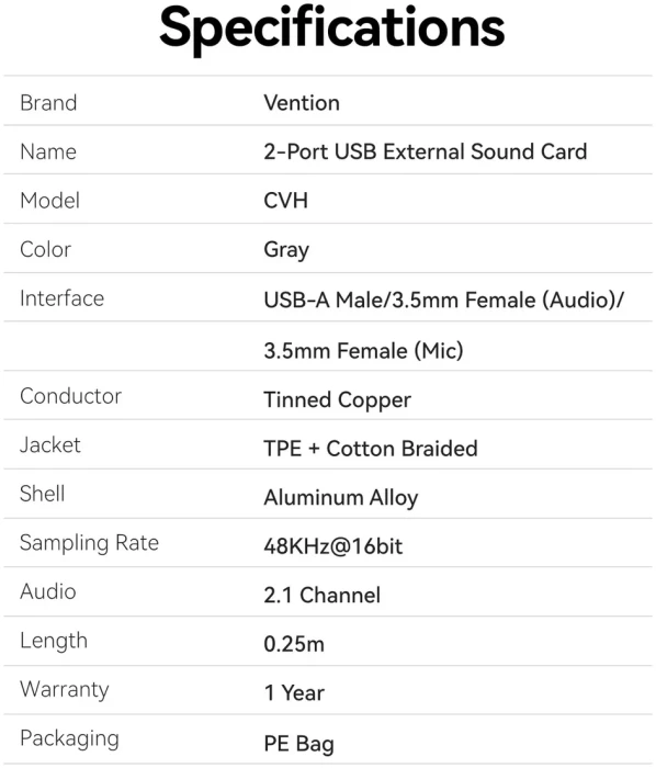 Vention звукова карта USB > 2 x 3.5mm