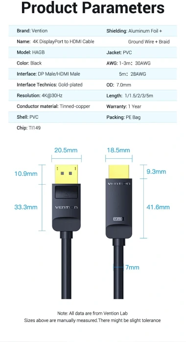 Vention DisplayPort > HDMI 4K - 3.0m