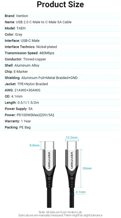 Vention USB-C 2.0 100W - 1.0m