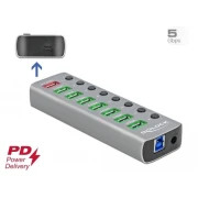 USB хъб Type-C Delock 7 x USB-A, 1 Fast Charging Port, 1 x USB-B, 1 x USB-C PD, Подсветка, Сив
