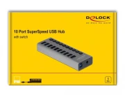 USB хъб Delock 10 x USB-A, 1 x USB-B, 5 Gbps, Превключвател, LED индикатор, Сив