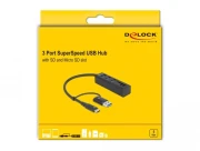 USB хъб Delock 63859, 3.2 Gen 1, 3 x USB-A, SD и MicroSD четец на карти, USB-C, USB-A конектор, Черен