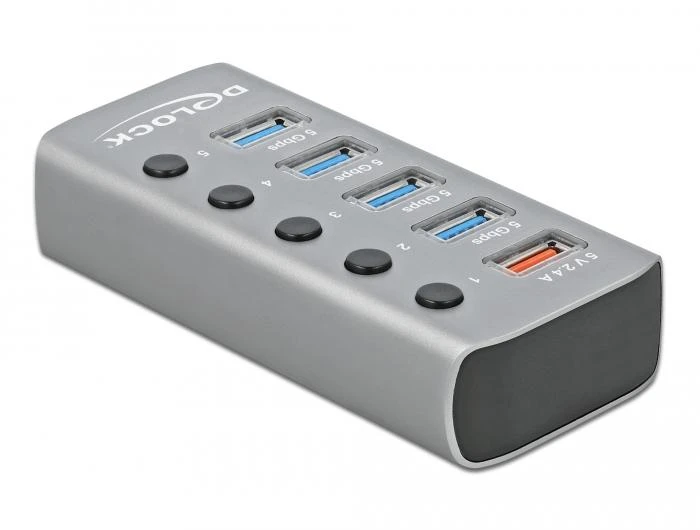 USB хъб Delock 3.2 Gen 1, 4 x USB-A, 1 Fast Charging Port, 1 x USB-B, Подсветка, Сив