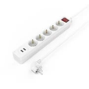 Разклонител HAMA USB 3.4A, 5 гнезда, 2x USB, 3400mA,1.4м, 3680W, Бял