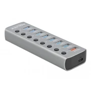 USB хъб Type-C Delock 7 x USB-A, 1 Fast Charging Port, 1 x USB-B, 1 x USB-C PD, Подсветка, Сив
