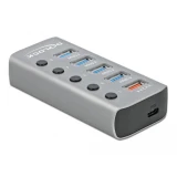 USB хъб Type-C Delock 4 x USB-A, 1 Fast Charging Port, 1 x USB-B, 1 x USB-C PD, Подсветка, Сив