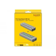 USB хъб Type-C Delock 7 x USB-A, 1 Fast Charging Port, 1 x USB-B, 1 x USB-C PD, Подсветка, Сив