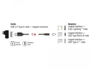 Кабел за зареждане Delock  3 в 1, USB-A мъжко - 8 Pin / Micro USB / USB Type-C, 1м, Черен