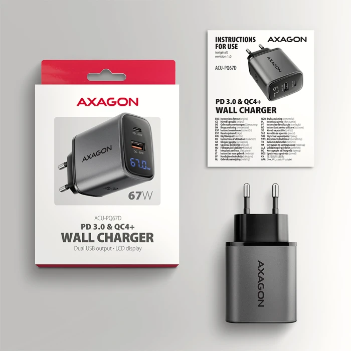 AXAGON PD3.0 & QC4+ LCD display 67W