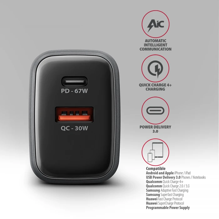 AXAGON PD3.0 & QC4+ LCD display 67W