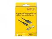 Кабел за зареждане Delock  3 в 1, USB-A мъжко - 8 Pin / Micro USB / USB Type-C, 1м, Черен