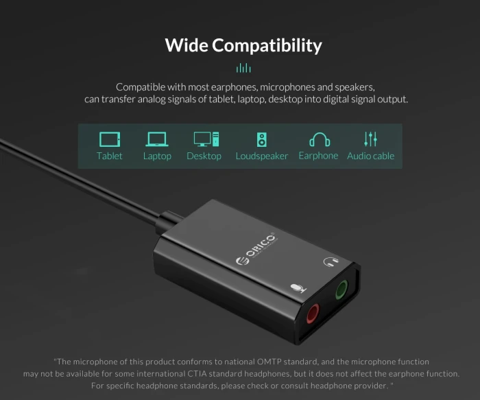 Orico външна звукова карта USB Sound card - Headphones, Mic, Black - SKT2-BK