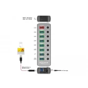 USB хъб Type-C Delock 7 x USB-A, 1 Fast Charging Port, 1 x USB-B, 1 x USB-C PD, Подсветка, Сив