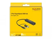 USB хъб Delock 64149, 3.2 Gen 1, 3 x USB-A, Gigabit LAN, USB-C, USB-A конектор, Черен