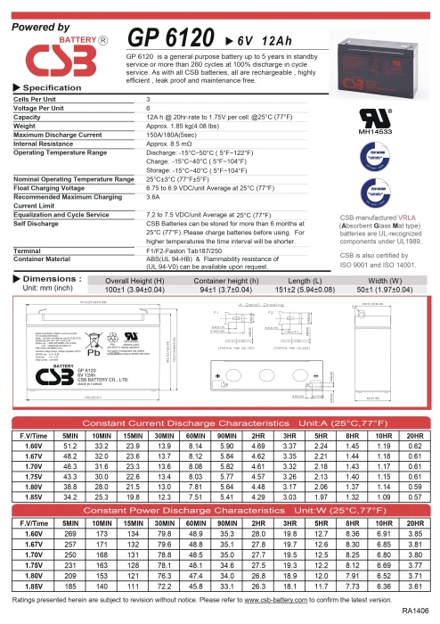 CSB - Battery 6V 12Ah