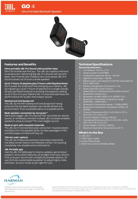 JBL Go 4 Bluetooth - Black