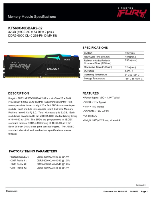 KINGSTON FURY Beast RGB 32GB (2x16GB) DDR5 6000MHz CL40