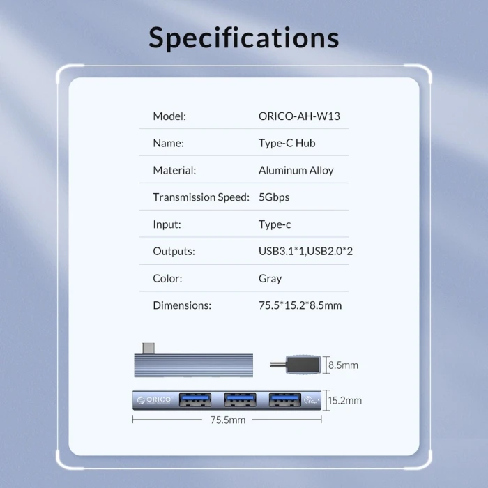 Orico хъб USB3.0/2.0 HUB 3 port TYPE C, Aluminum - AH-W13-GY