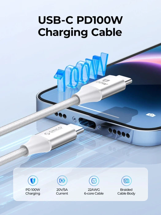 Orico кабел USB C-to-C PD 100W Charging 1.0m White