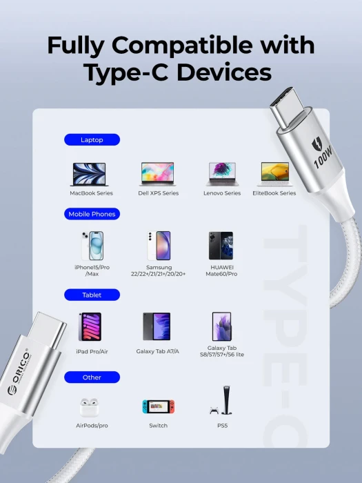 Orico кабел USB C-to-C PD 100W Charging 1.0m White