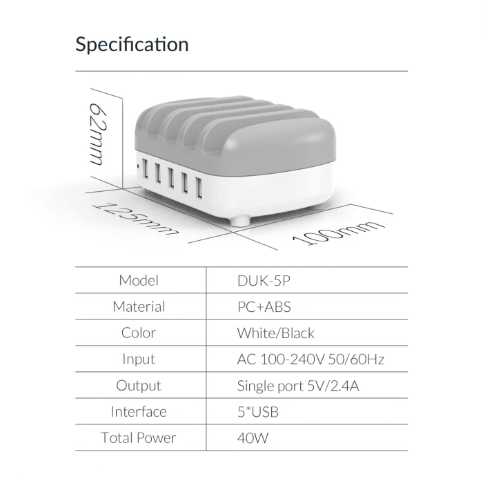 Orico Charger Station 220V - 5 x USB 40W White - DUK-5P-EU-WH