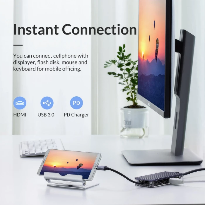 Orico докинг станция Type-C Docking Station Power Distribution 3.0 100W - HDMI, Type-C x 1, USB3.0 x 3, LAN, SD - WB-8P-GY