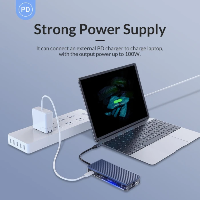 Orico докинг станция Type-C Docking Station Power Distribution 3.0 100W - HDMI, Type-C x 1, USB3.0 x 3, LAN, SD - WB-8P-GY