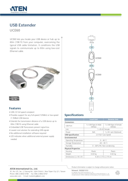ATEN Удължител USB-A чрез LAN cat5